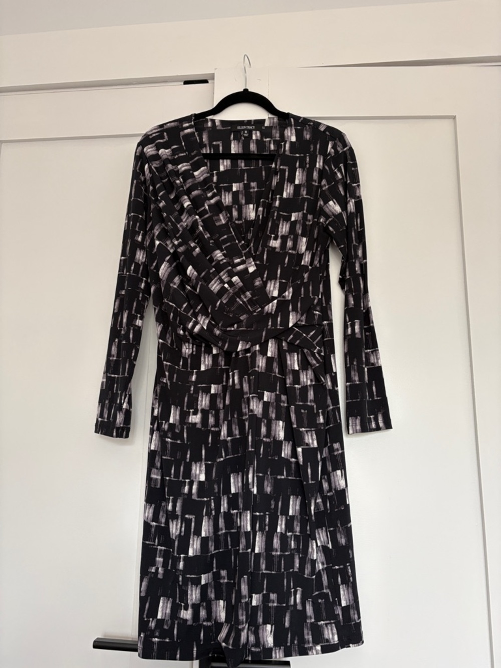 Ellen Tracy Black & White Brushstroke Wrap Long Sleeve Dress